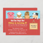 農場の動物 赤い柵の誕生日パーティー招待状 招待状 (正面/裏面)