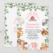 農場の動物 赤い納屋の葉の誕生日招待状 招待状 (正面/裏面)