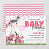 農場の動物 赤ちゃん女の子 牛 ベビーシャワー招待状 招待状 (正面/裏面)