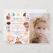 農場の動物 風船 牧場 誕生日 写真 招待状 (正面)