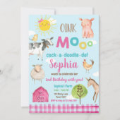 農場の古いMacDonaldの納屋周囲の庭のピンク動物のパーティー 招待状 (正面)