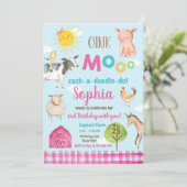 農場の古いMacDonaldの納屋周囲の庭のピンク動物のパーティー 招待状 (スタンド正面)