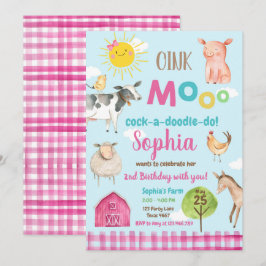 農場の古いMacDonaldの納屋周囲の庭のピンク動物のパーティー 招待状
