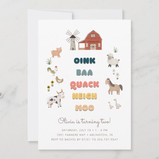 農場の子供たちのおもしろい2回目の誕生日 招待状 (正面)