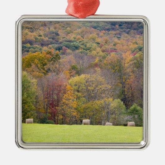 農場の干し草ベールそして紅葉、 メタルオーナメント (正面)