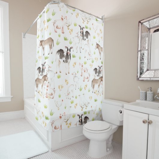 農場の手描きの水彩画動物 シャワーカーテン (インサイチュ)