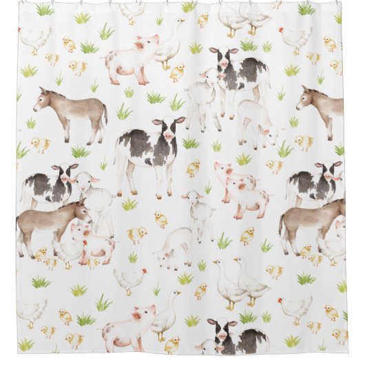 農場の手描きの水彩画動物 シャワーカーテン (正面)