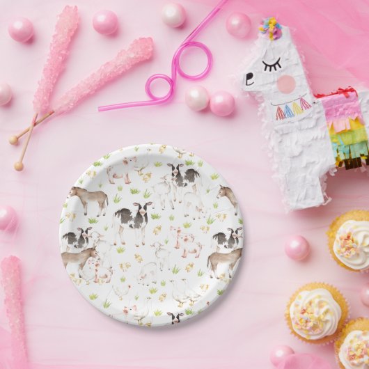 農場の手描きの水彩画動物 ペーパープレート (パーティー)