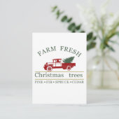 農場の新鮮なクラシックヴィンテージ赤いトラック松の木 シーズンポストカード (スタンド正面)