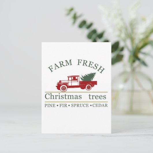 農場の新鮮なクラシックヴィンテージ赤いトラック松の木 シーズンポストカード (スタンド正面)