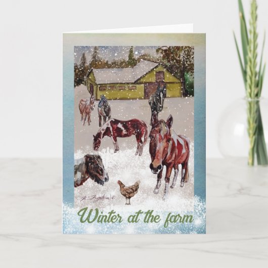 農場の柔らかいターコイズと馬で冬 招待状 (正面)