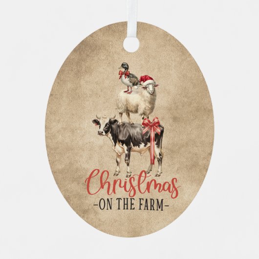 農場の牛のヤギと鴨のクリスマス メタルオーナメント (正面)