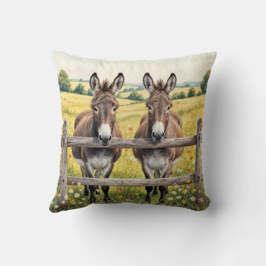 農場の牧草地で柵の後ろに立つロバ クッション (裏面)