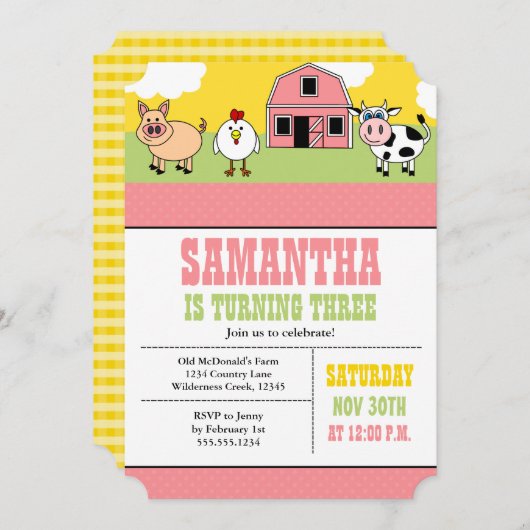 農場の納屋周囲の庭の誕生会のピンクの女の子の招待状 招待状 (正面/裏面)