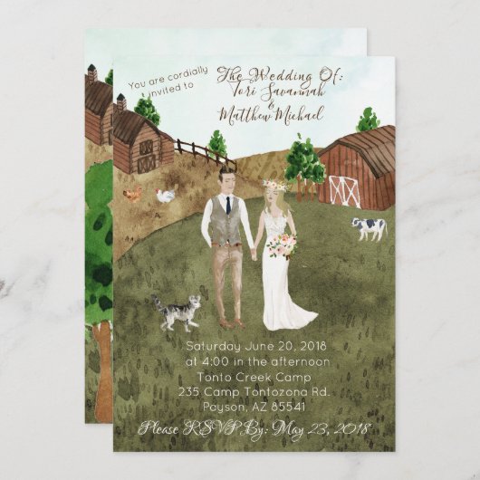 農場の結婚式招待状で – ペット猫と 招待状 (正面/裏面)