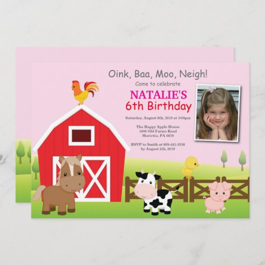 農場の誕生日の招待状の国の納屋周囲の庭のパーティー 招待状 (正面/裏面)