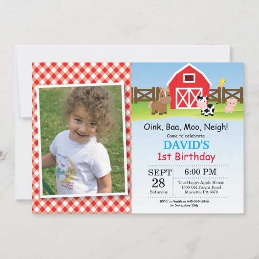 農場の誕生日の招待状の納屋周囲の庭のパーティー 招待状 (正面)