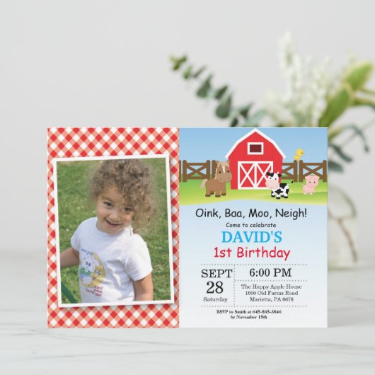 農場の誕生日の招待状の納屋周囲の庭のパーティー 招待状 (スタンド正面)