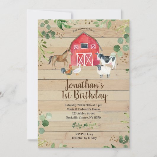 農場の誕生日の納屋周囲の庭のパーティの招待状 招待状 (正面)