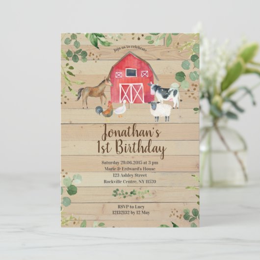 農場の誕生日の納屋周囲の庭のパーティの招待状 招待状 (スタンド正面)