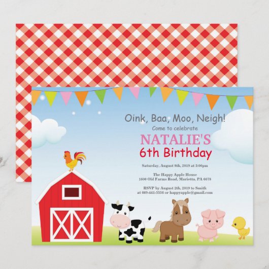 農場の誕生日パーティー招待状 カントリー バーンヤード パーティー 招待状 (正面/裏面)