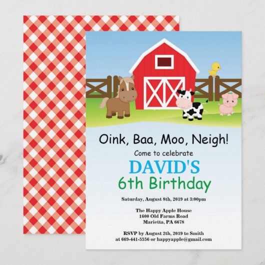 農場の誕生日パーティー招待状 バーンヤードパーティー 招待状 (正面/裏面)