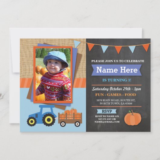 農場の誕生日パーティー かぼちゃ トラクター 写真 招待状 (正面)
