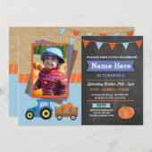 農場の誕生日パーティー かぼちゃ トラクター 写真 招待状 (正面/裏面)