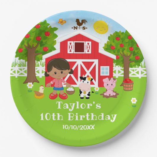 農場の赤い納屋とアフリカ系アメリカ人の少女の誕生日パーティー ペーパープレート (正面)