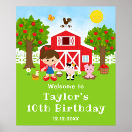 農場の赤い納屋と茶色の髪の少女の誕生日歓迎 ポスター