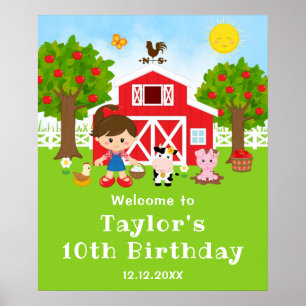 農場の赤い納屋と茶色の髪の少女の誕生日歓迎 ポスター