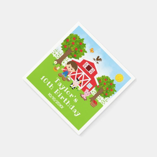 農場の赤い納屋と茶色の髪の少年の誕生日パーティー スタンダードカクテルナプキン (角)