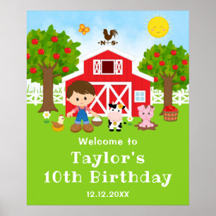 農場の赤い納屋と茶色の髪の少年誕生日ウェルカム ポスター