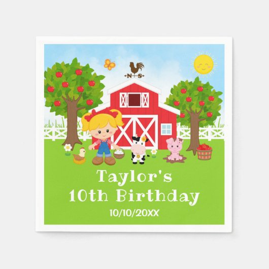農場の赤い納屋と金髪の少女の誕生日パーティー スタンダードカクテルナプキン (正面)