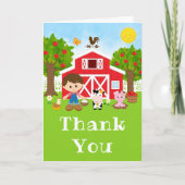 農場の赤い納屋の誕生日茶色の髪の少年 サンキューカード (正面)