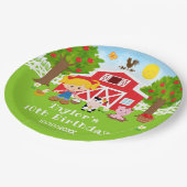 農場の赤い納屋の金髪の少女の誕生日パーティー ペーパープレート (アングル)