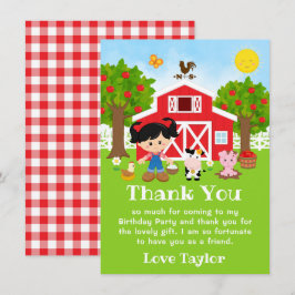 農場の赤い納屋の黒髪の女の子 サンキューカード