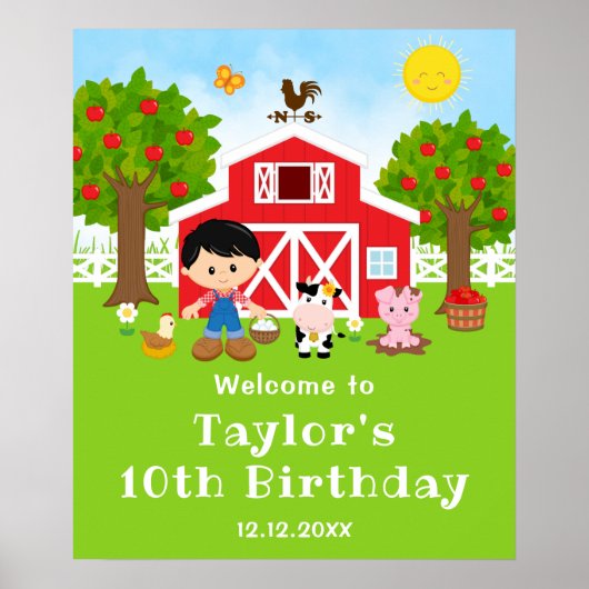 農場の赤い納屋 黒髪の少年 誕生日 ウェルカム ポスター (正面)