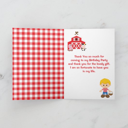 農場の赤い誕生日金髪の少年 サンキューカード (内部)
