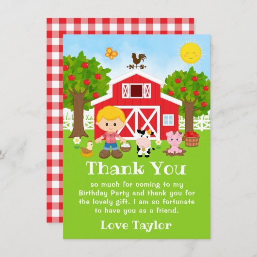 農場の赤い誕生日金髪の少年 サンキューカード (正面/裏面)