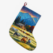 農場の野生の花の草原にいる馬 ラージクリスマスストッキング (正面 (吊り時))