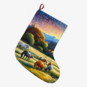 農場の野生の花の草原にいる馬 ラージクリスマスストッキング (正面 (吊り時))