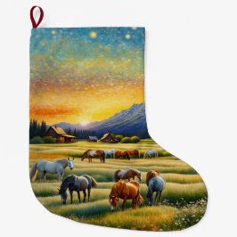 農場の野花の草原の馬 ラージクリスマスストッキング