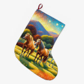 農場の野花の草原の馬 ラージクリスマスストッキング (正面 (吊り時))