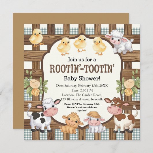 農場をテーマにした赤ちゃんシャワーデザイン – かわいい動物 招待状 (正面/裏面)