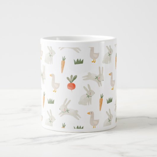 農場パターン上のバニーとダックス ジャンボコーヒーマグカップ (正面)