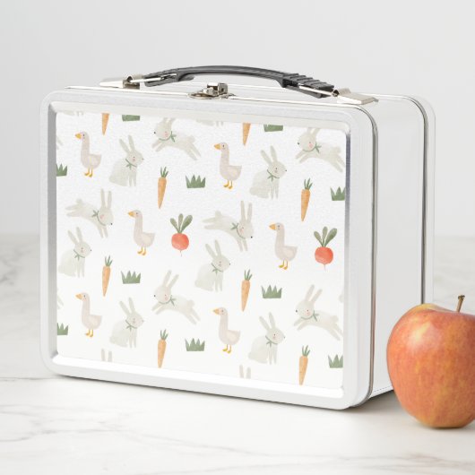 農場パターン上のバニーとダックス メタルランチボックス (インサイチュ)