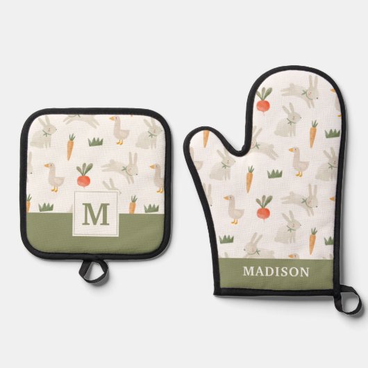 農場パターン上のバニーとダックス 鍋つかみ&鍋敷きセット (正面)