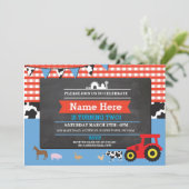 農場ヤードの誕生会の動物のブタのトラクターの招待 招待状 (スタンド正面)