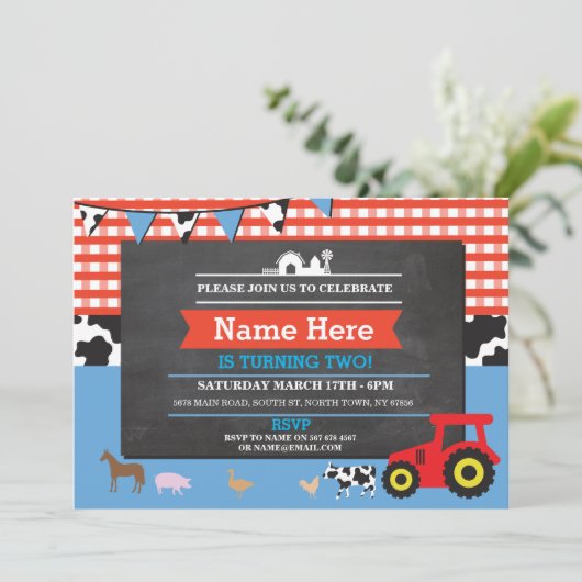 農場ヤードの誕生会の動物のブタのトラクターの招待 招待状 (スタンド正面)